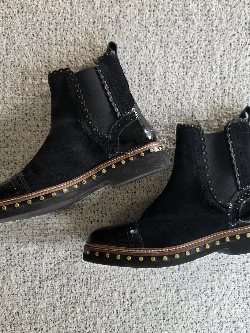 Free People Black Suede Patent Leather Studded Chelsea Ankle Boots 38/ Size 8